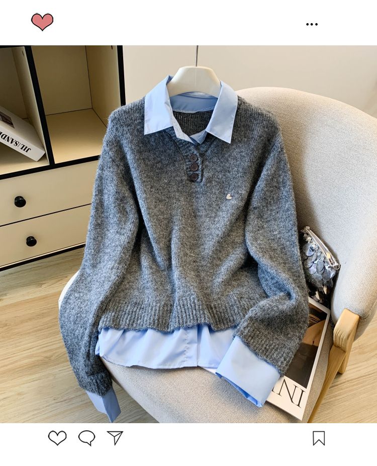 Abbigliamento da donna in stile coreano, camicia a strati e top in maglia, outfit autunnale da donna - grigio, bianco e blu_voghion.com