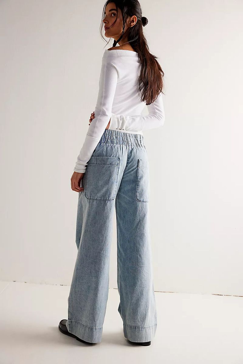 Pantaloni in denim larghi a vita bassa alla moda per donna - Comodi pantaloni elastici in vita, gamba dritta, stile streetwear_voghion.com