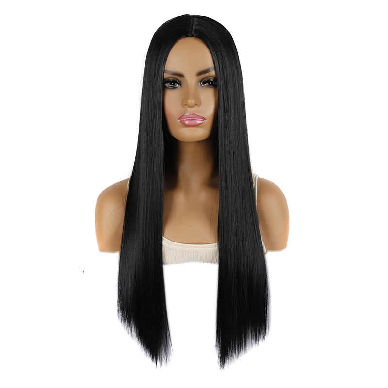 Synthetische Perücke. Schwarzes Stirnband mit geteilter Länge, glattes Haar, komplette Damenperücke aus synthetischen Fasern_voghion.com