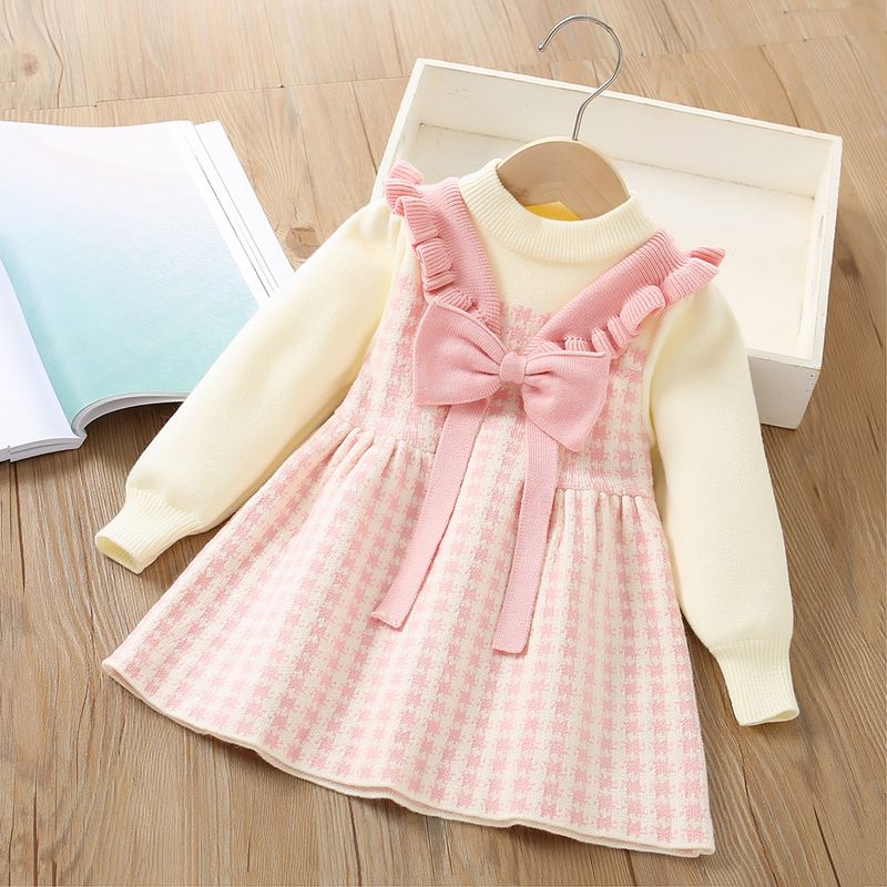 Mädchenkleid, ausgefallenes kleines Mädchen, süßer Strickpullover mit Schleife, Kinderkleid_voghion.com