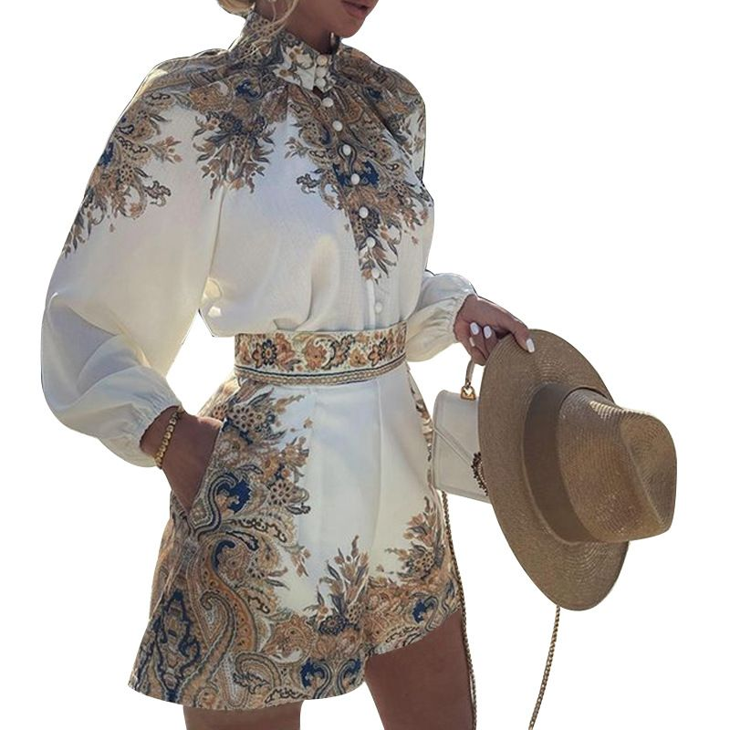 Women's fashion printed long sleeve top loose shorts suit_voghion.com