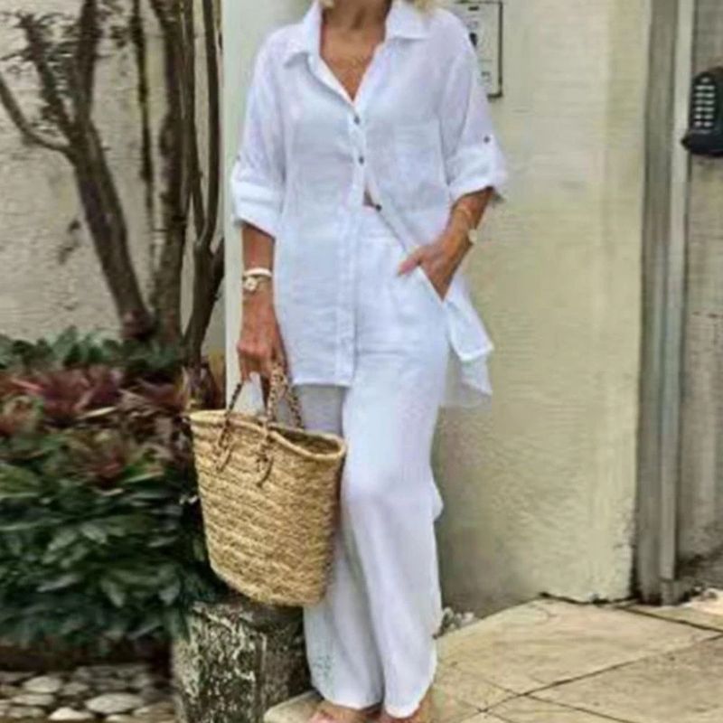 Zweiteiliges Set aus langärmligem Cardigan-Oberteil und Hose mit Revers für Damen_voghion.com