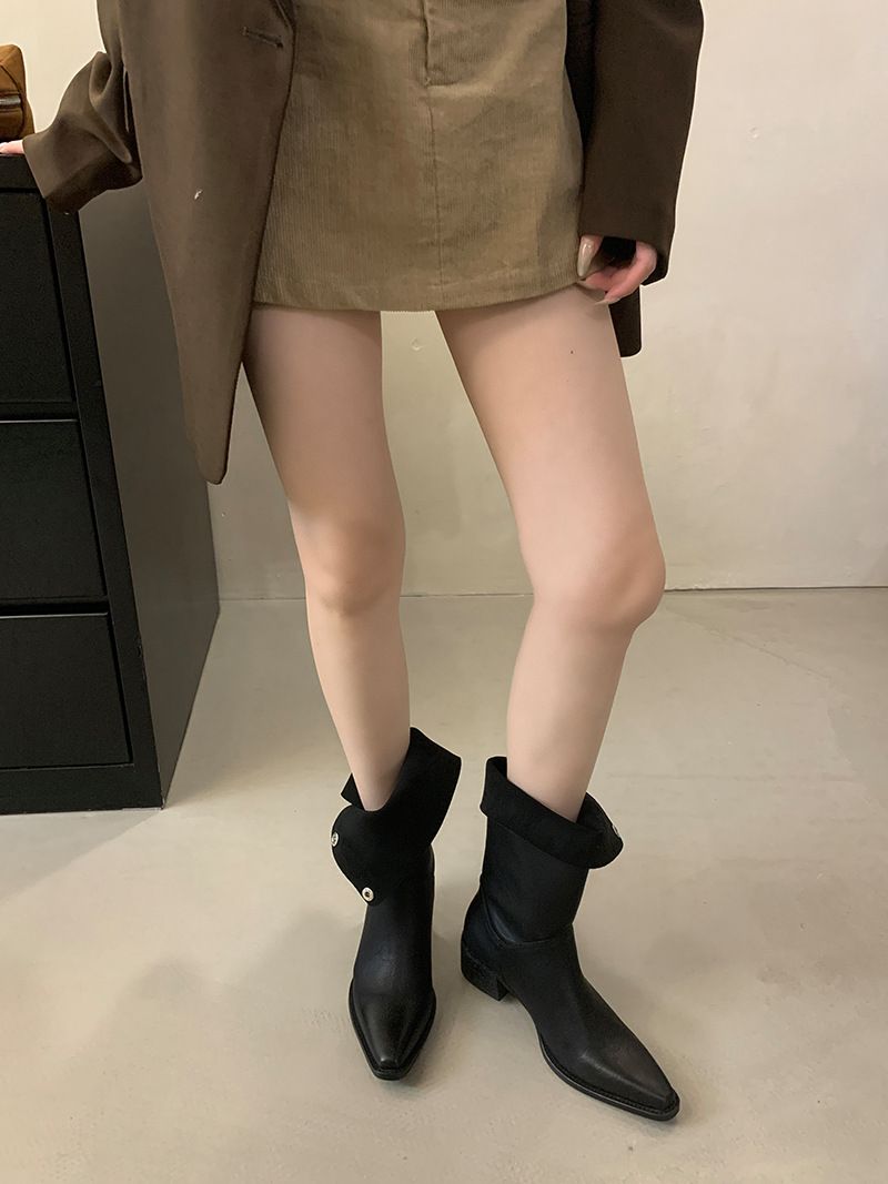 Damenschuhe Stiefeletten Herbst Neue Stiefel aus weichem Leder in geriebener Farbe Metall versteckte Schnalle kann gefaltet werden Zwei Tragemöglichkeiten Retro-Ritterstiefel mit dickem Absatz_voghion.com