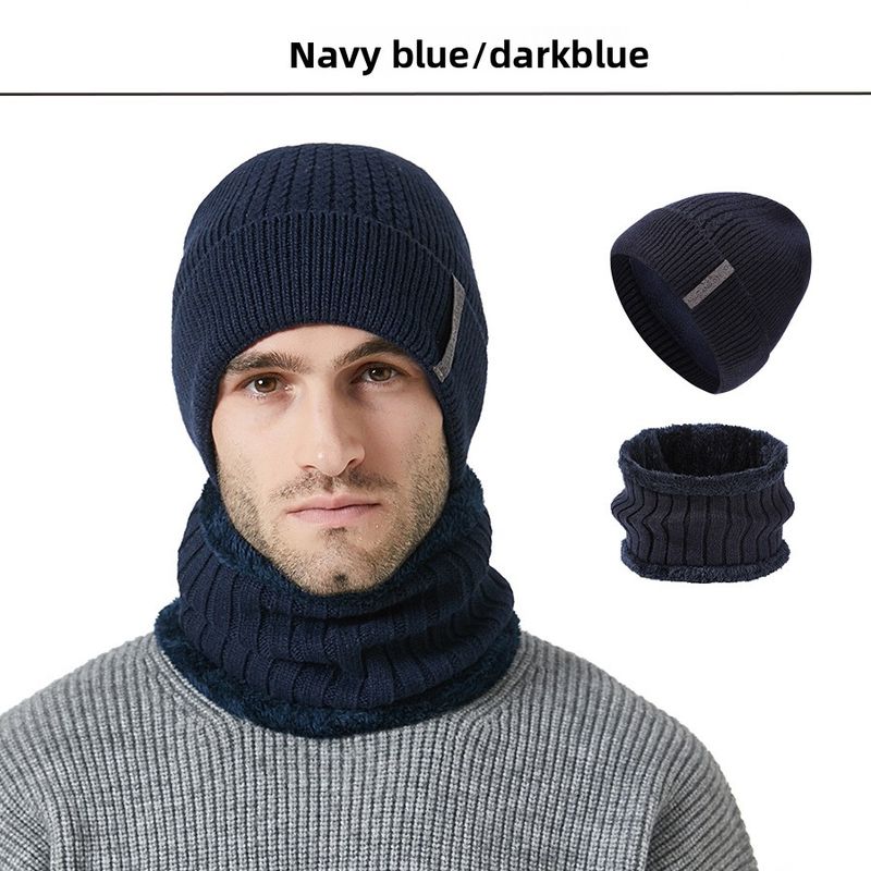 Autumn Winter New Men's Thickened And Scarf Outdoor Fleece-Lined Warm Ear Protection Knitted Hat Two-Piece Set_voghion.com