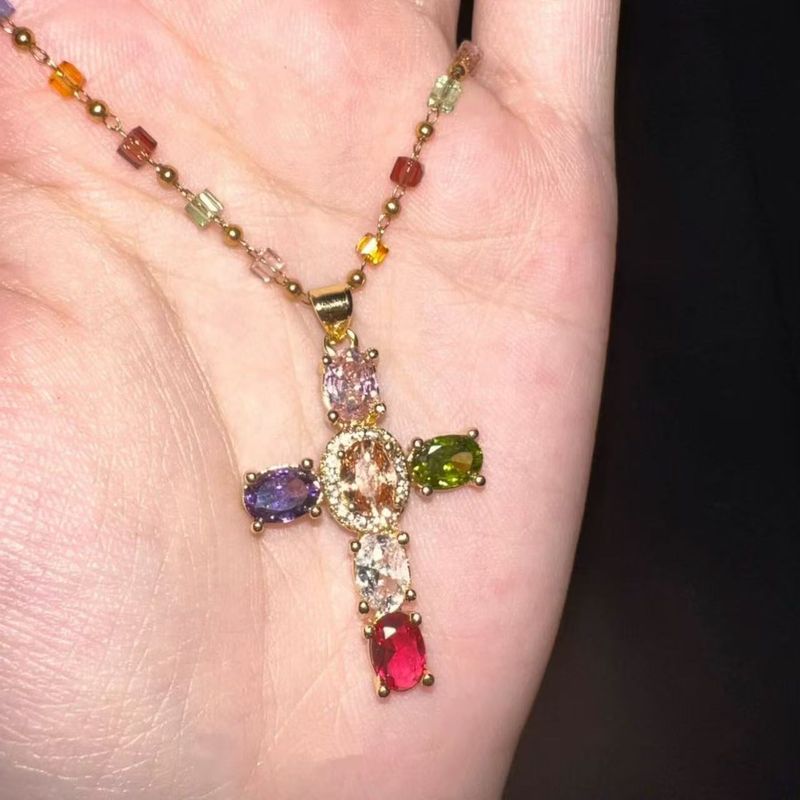Colorful Zircon Cross Layered Wear Niche Versatile Ins Necklace Collarbone Chain Light Luxury High-end Sense Jewelry For_voghion.com