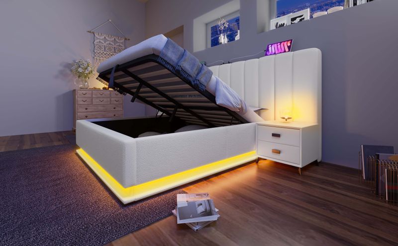 Lit double 160 x 200 cm avec rangement intégré, éclairage LED et recharge USB-C via application, sommier à lattes et matelas inclus, similicuir, blanc_voghion.com