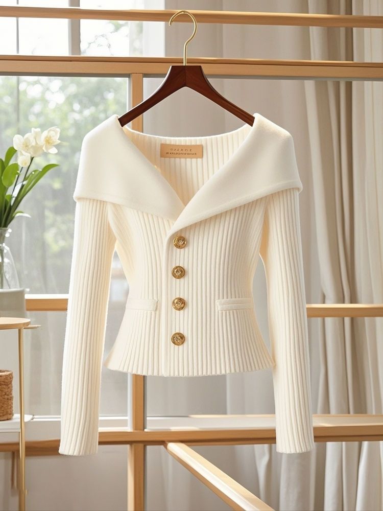 Women's Clothing Design Niche Elegant Knit Cardigan With Button Closure, Navy Collar & Waist-Defining Fit – Versatile For Work & Casual Wear_voghion.com