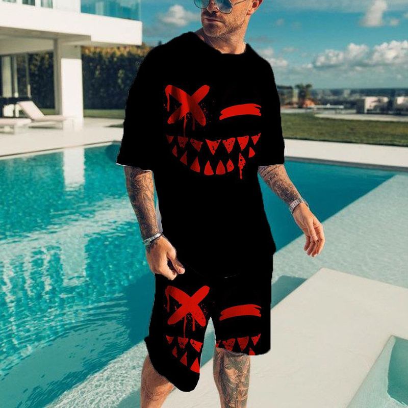 Kurzarm-T-Shirt-Set für Herren mit Rundhalsausschnitt, lässiges T-Shirt und Shorts im 3D-Druck „König der Löwen“-Design, Kordelzug-Shorts, Streetwear
_voghion.com