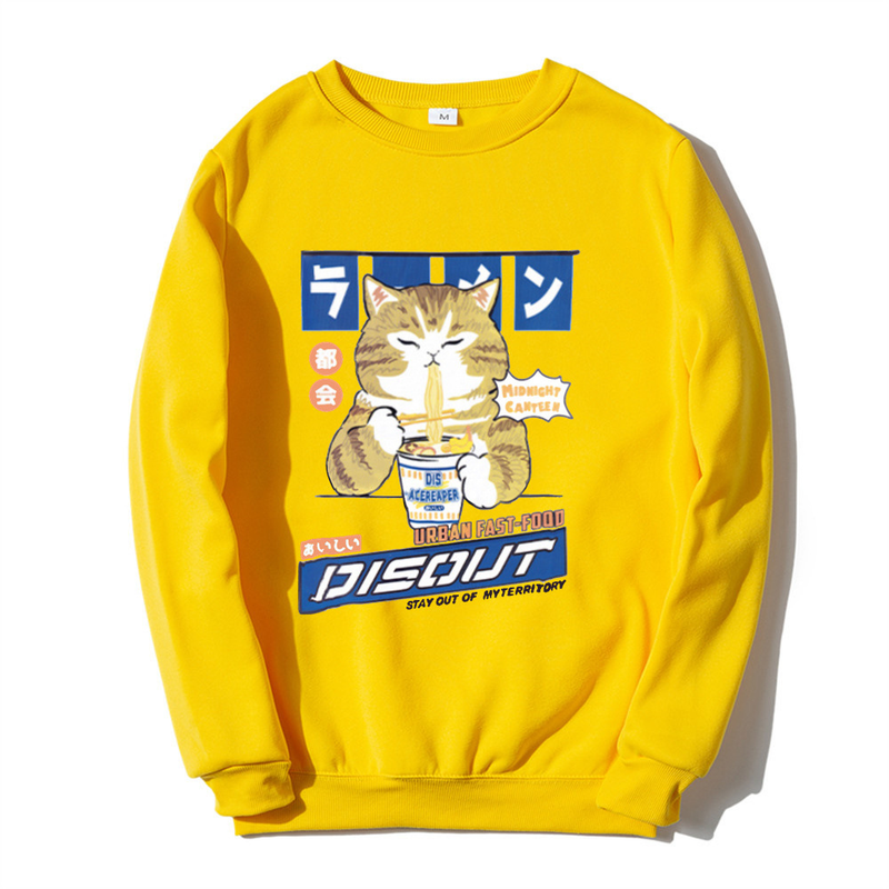Herbst und Winter Neuer Katzen-Cartoon-Print-Rundhalspullover für Männer und Frauen mit weißem Boden, lässigem Fleece_voghion.com