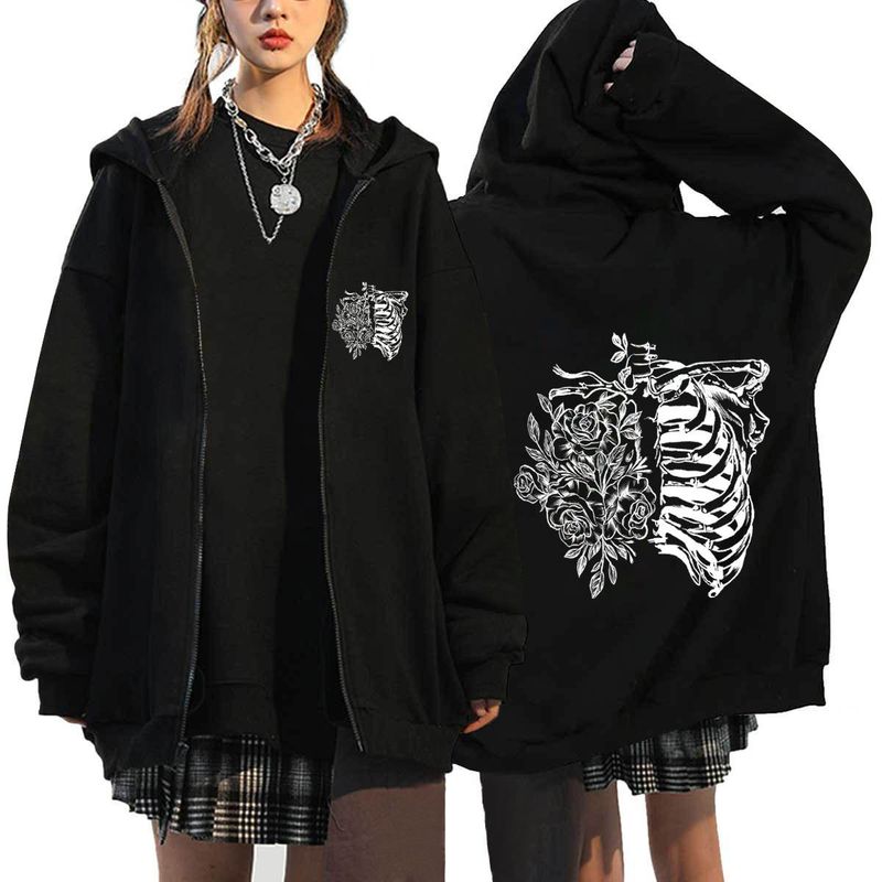 Herrenbekleidung Gothic Couple Zipper Cardigan Jacke Gothic Couple Dark Sternum Zip-Up Hoodie Unisex Oversize Pullover mit Print & geripptem Saum_voghion.com
