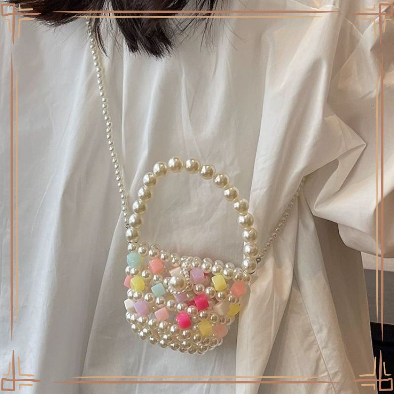 Borsa a tracolla per bambine di alta qualità e alla moda, mini borsa estiva con perle colorate, elegante e di alta qualità, in tessuto intrecciato._voghion.com