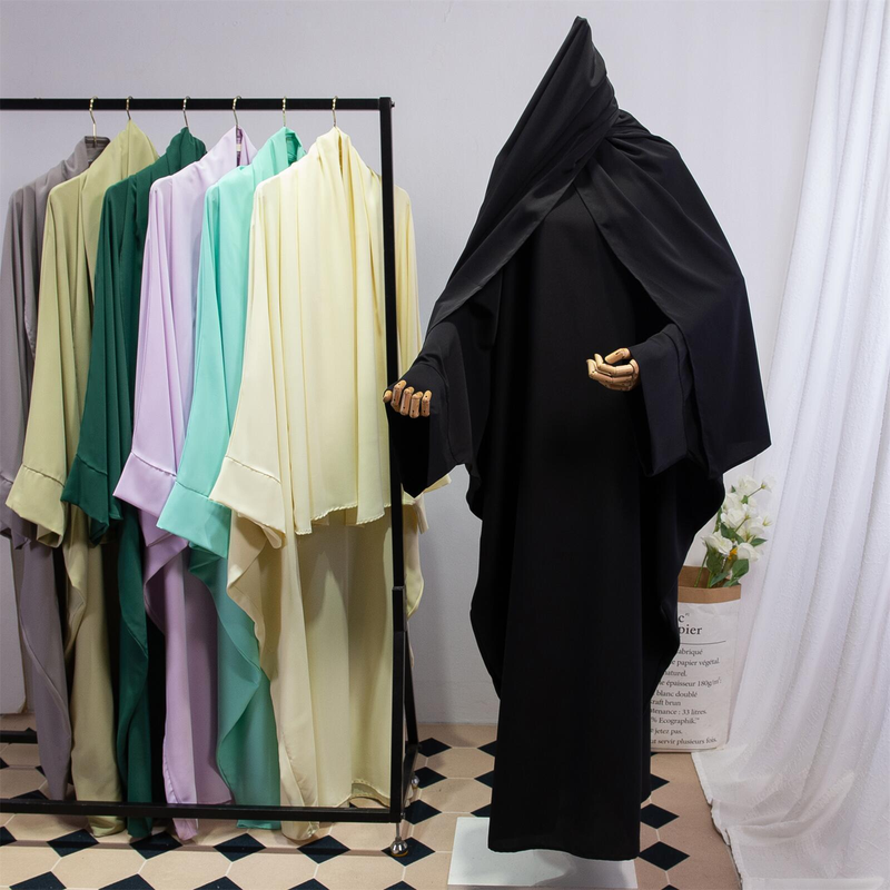 Dammekleeder Einfarweg Arabesch Kleed Fraekleed mat Kappduch Abaya Casual Loose Fliedermausärmel Robe_voghion.com
