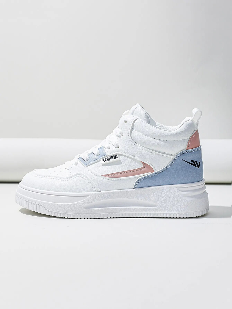 Scarpe da skate da donna bianche con lacci color block sul davanti, sneakers da lavoro leggere e alte per palestra interna ed esterna_voghion.com