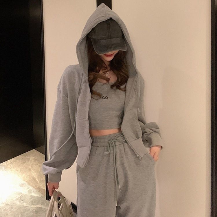 2025 Early Spring New Casual Sports Suit For Women, Long Pants With Zipper Hoodie Jacket And Camisole Three-Piece Set_voghion.com
