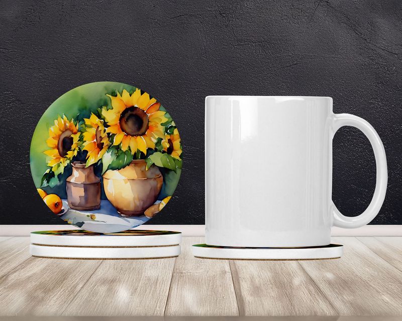 Sunflowers In Watercolor Large Sandstone Coasters Pack Of 4 Absorbent Round Coasters Decor Gifts For Men Or Women, 4 In, Multicolor_voghion.com