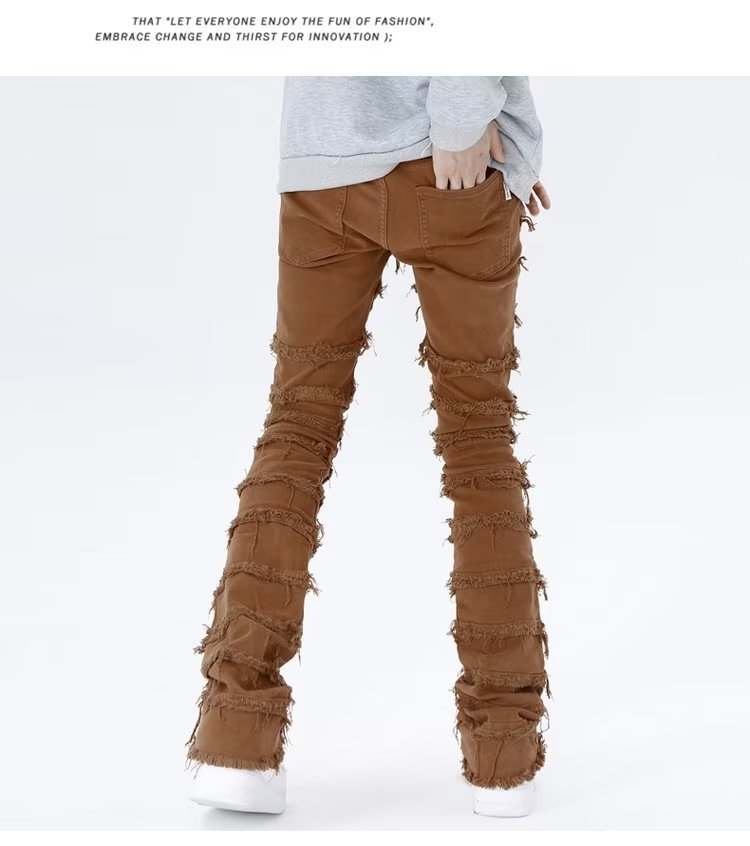 Nieuwe trendy Amerikaanse slanke meerkleurige casual jeans, losse bootcut jeans met ruwe rand en split op straat voor heren_voghion.com