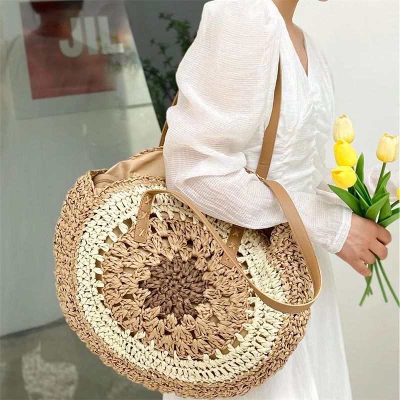 Borsa da donna rotonda in paglia cava intrecciata a mano con tracolla in rafia in rattan Borsa tote grande estiva bohémien_voghion.com
