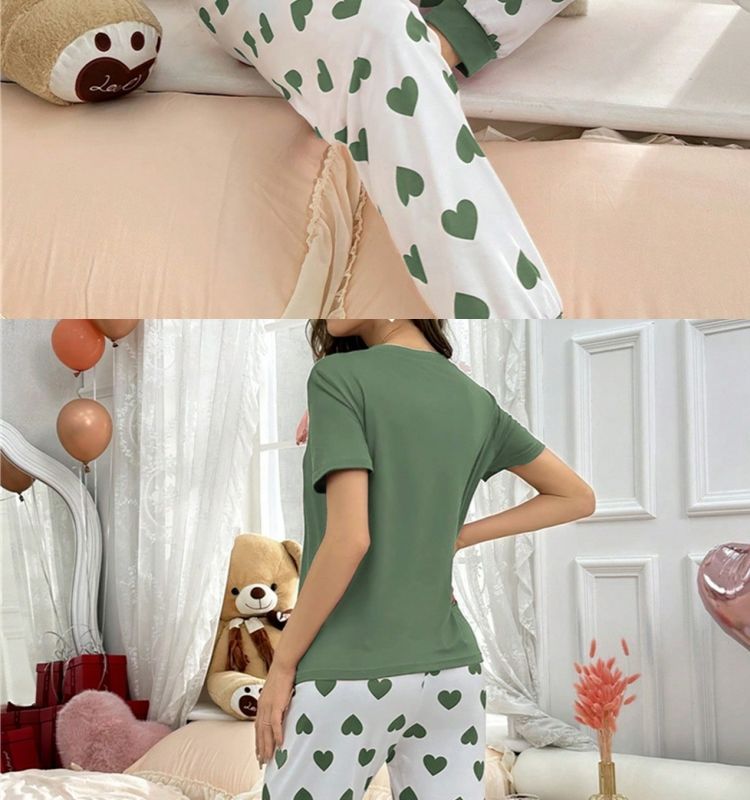 Conjunto de pijama de talla grande para mujer, ropa de estar por casa, estampado en forma de corazón, conjunto de pantalón y camiseta de manga corta, ajustado, informal y cómodo._voghion.com