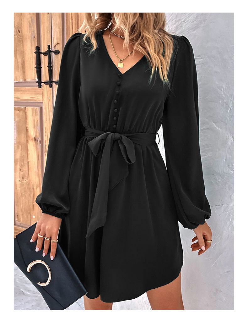 Abito a maniche lunghe con scollo a V solido da donna_voghion.com
