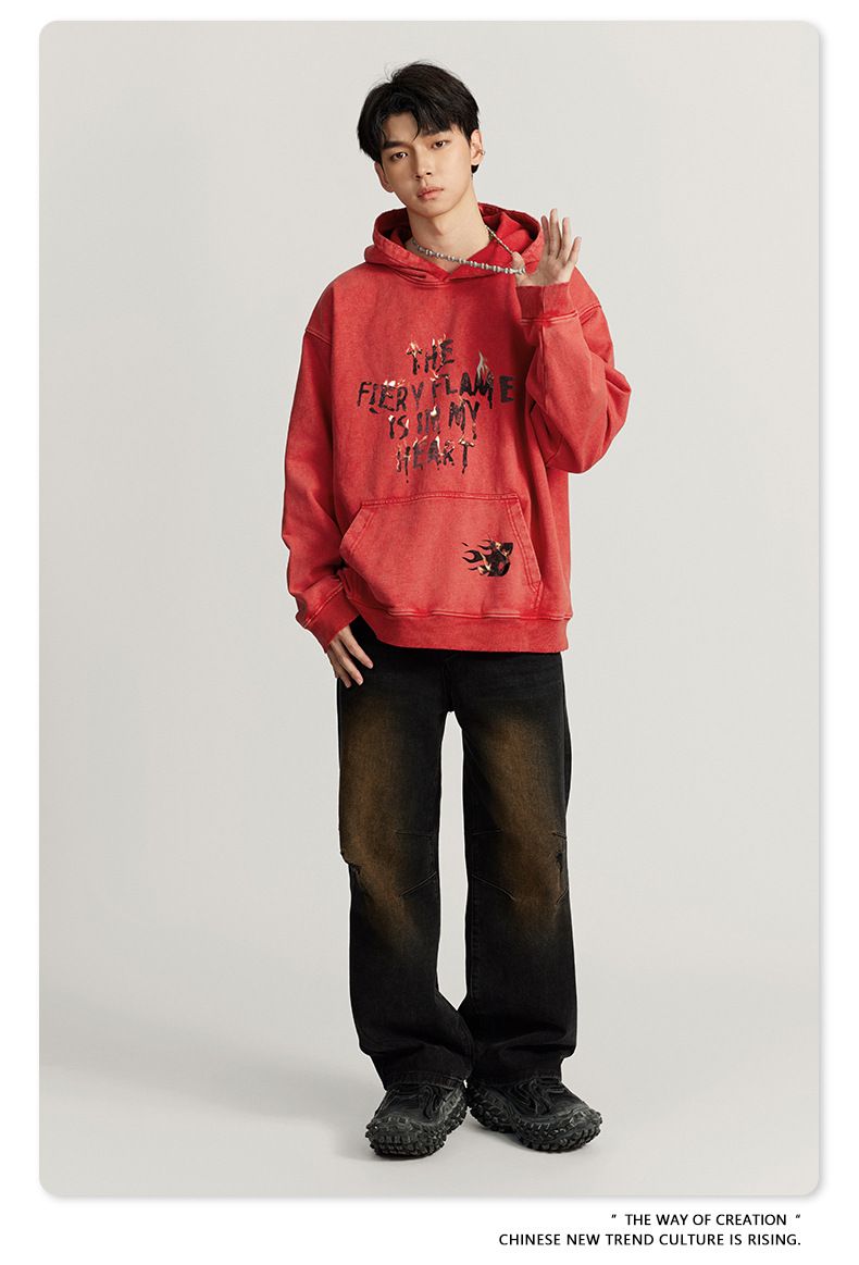 Herrenbekleidung Kapuzenpullover mit verwaschenem Batik-Print, Retro-Street-Chic, Baggy-Top_voghion.com