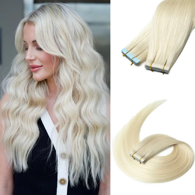 Natural Blonde #60 Invisible Tape In Hair Extensions Human Hair Platinum Blonde PU Weft Tape Ins Human Hair Extensions 20pcs/Pack_voghion.com