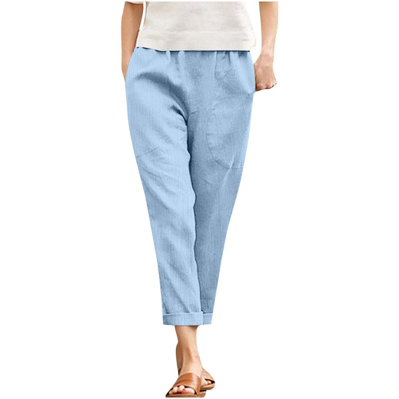 Pantaloni casual in lino e cotone da donna con tasche, vestibilità comoda, gamba dritta, in blu, rosa, verde, verde militare, caramello e rosso vino (S-XXL)_voghion.com