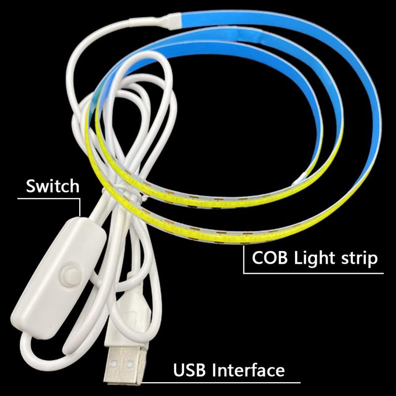 Elastyczna taśma świetlna LED COB 5 V USB z przełącznikiem – ciepła biel/zimna biel, 252 diody LED/m, 24 W, do oświetlenia szafek, luster, dekoracji do pokoju gier_voghion.com