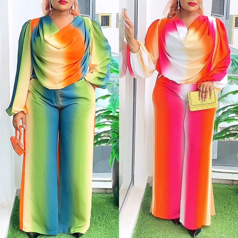 Women's Clothing Printed Swing Collar Wide Leg Pants Suit_voghion.com