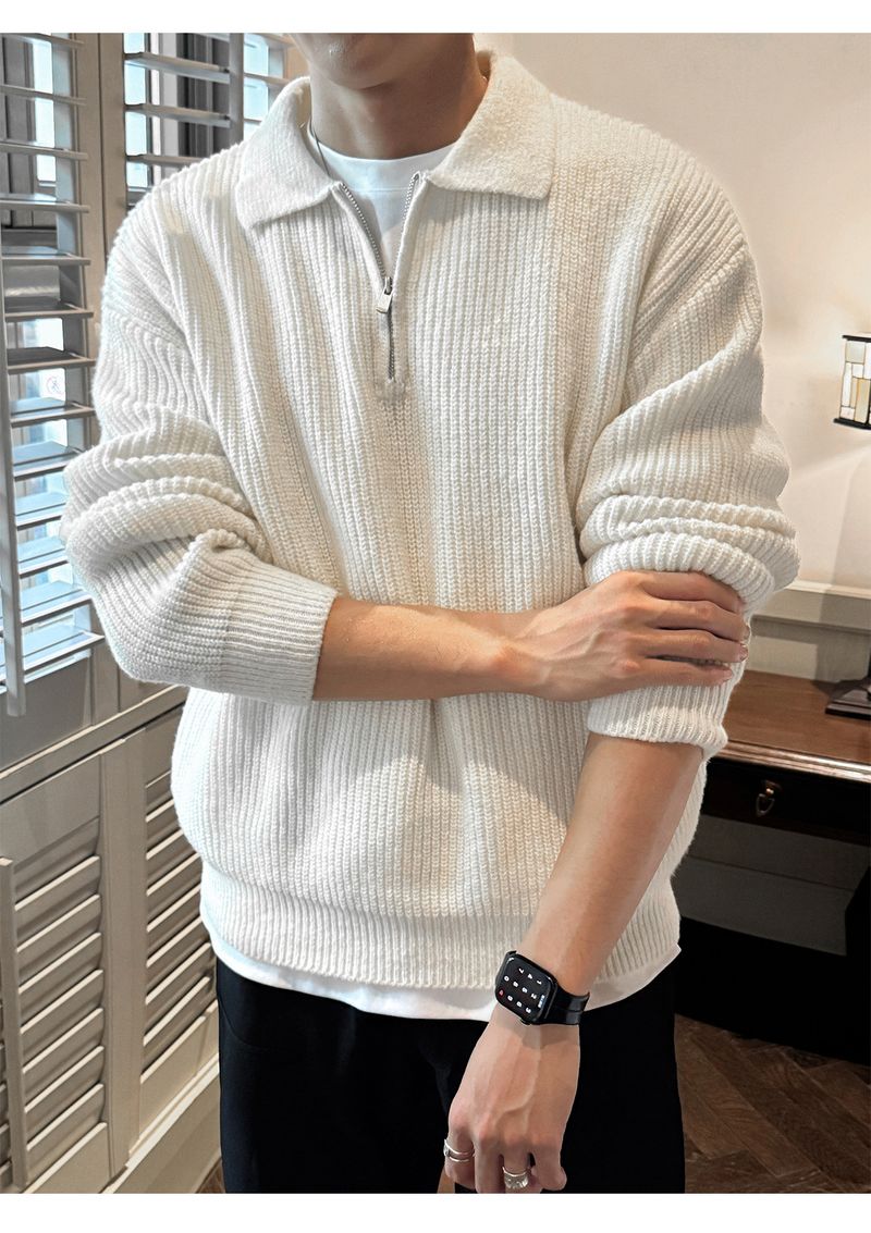 Men's Half-Zip Mock Neck Sweater - Heavyweight Fleece-Like Knit Pullover With Vertical Stripes, Warm Winter Casual Coat_voghion.com