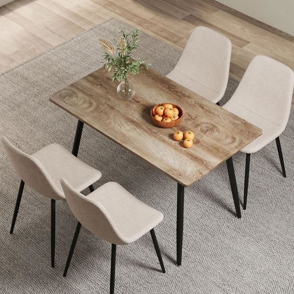 47' Modern Minimalist MDF Wood Color Dining Table And Beige Dining Chair For 4,black Metal Legs, Small Sized Dining Table, Office Desk, Kitchen Tabl_voghion.com