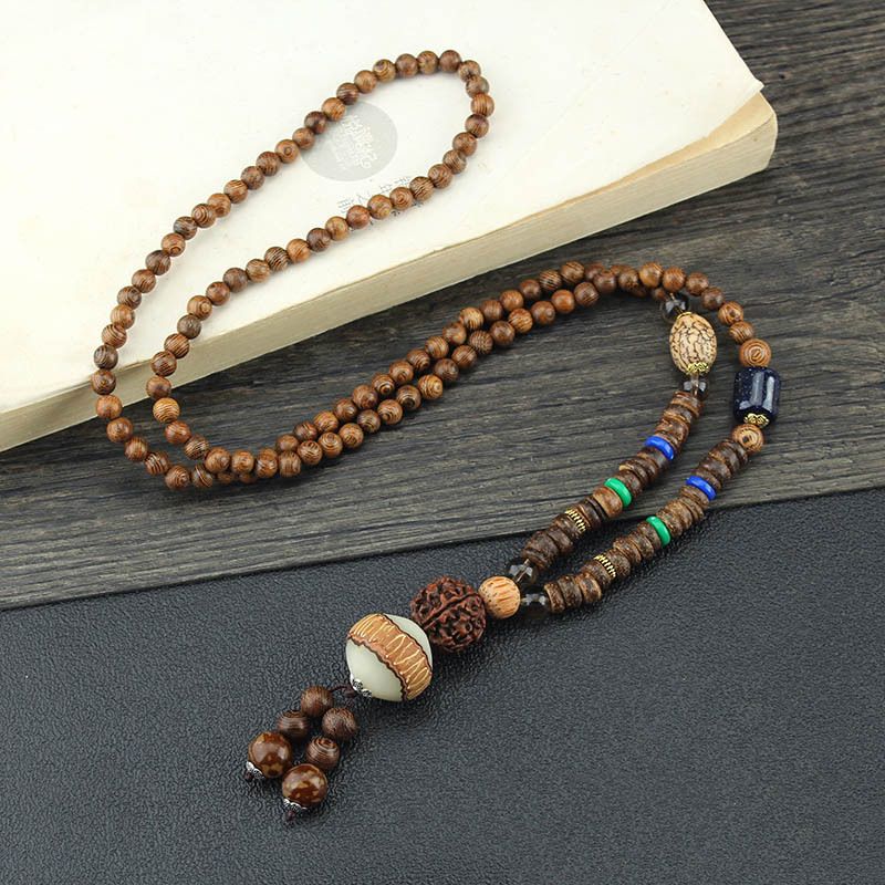 Collana lunga per maglione in stile etnico, ciondolo Bodhi, collana con perline di legno, accessori con ciondolo in cotone e lino per uomo e donna_voghion.com