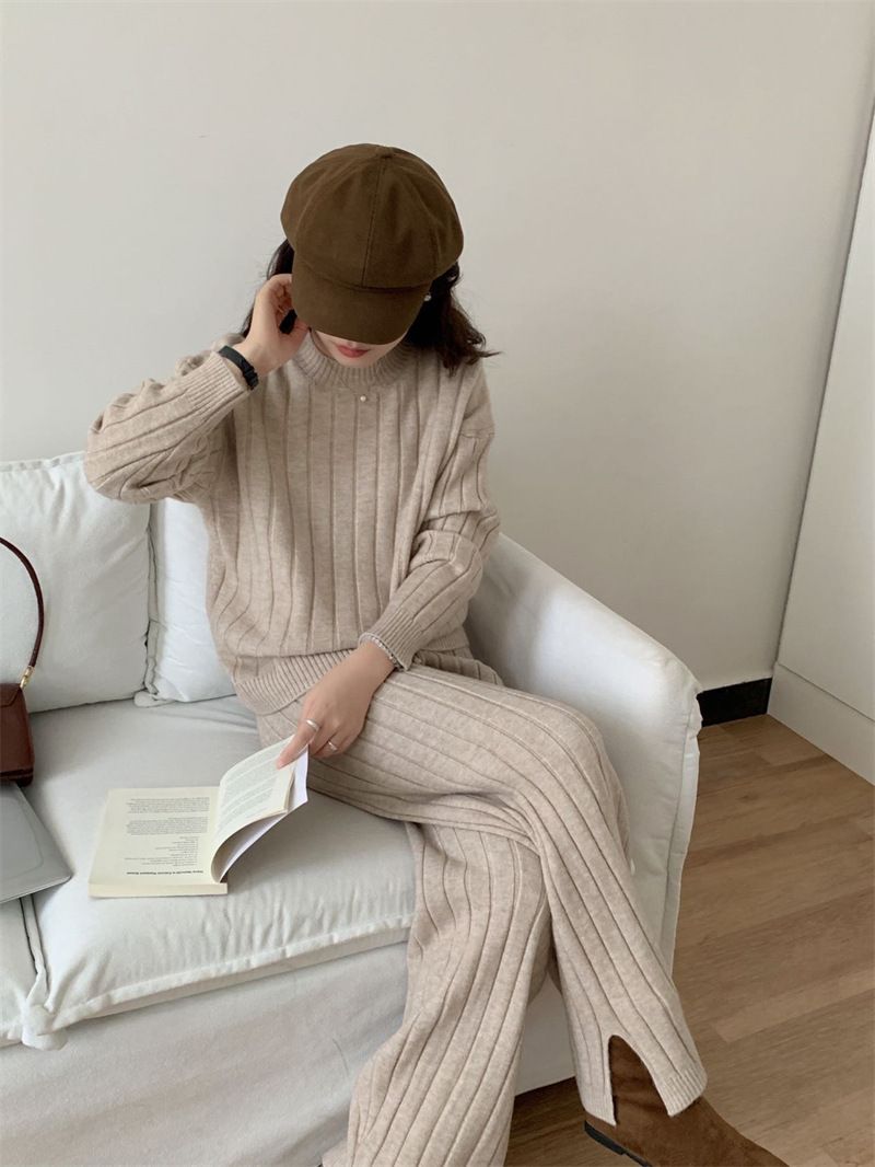 Plus Size Knit Sweater & Wide Leg Pants Set - Soft Ribbed Pullover & Flowy Lounge Trousers, Oversized Comfort Outfit For Women_voghion.com