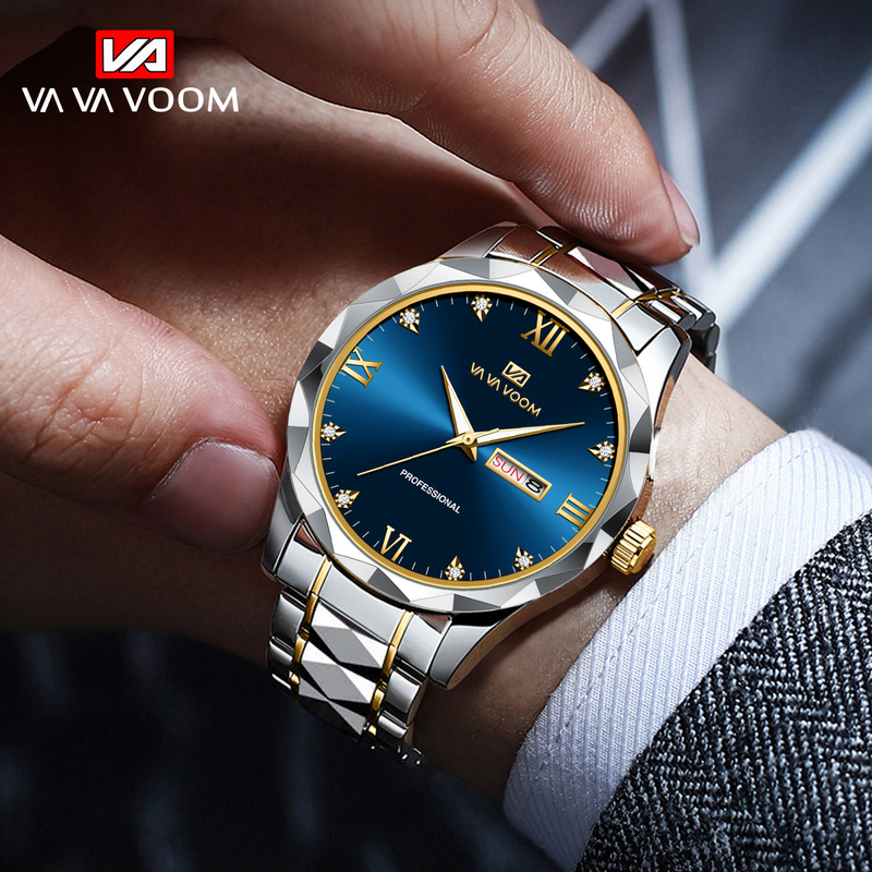 Doppelkalender-Wochenwerk, Nieten-Edelstahlkette mit Diamanten, minimalistische, wasserdichte Quarzuhr für Herren_voghion.com