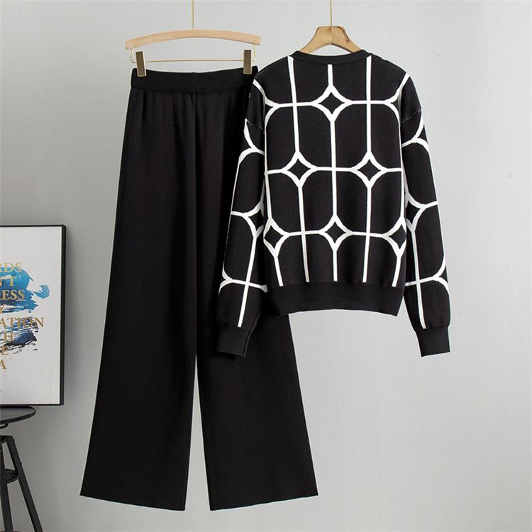 Dameskleding mode gebreide pakken voor dames herfst en winter jacquard V-hals vest wijde pijpen broek slank tweedelig pak_voghion.com