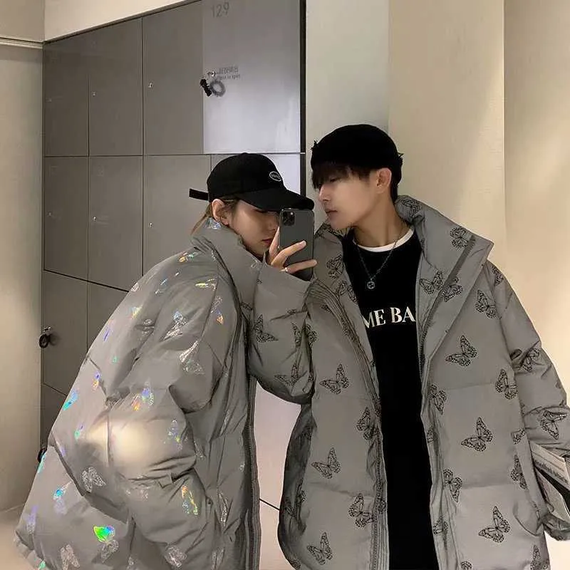 Veste parka rembourrée réfléchissante pour homme et femme, manteau d'hiver épais, coupe-vent, ample et chaud, avec papillon brillant_voghion.com