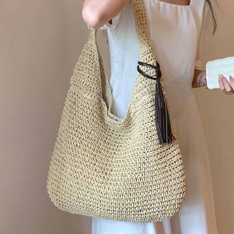 Borsa da spiaggia in paglia con tracolla monospalla, grande capacità, intrecciata, nuova estate, per vacanze al mare e relax_voghion.com