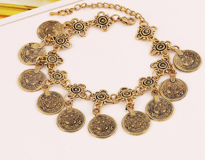 Fest Hippy Boho Beach Turkiska smycken Guldfärg Mynt Vintage Bohemia snidade myntarmband Armband för kvinna pulseras_voghion.com