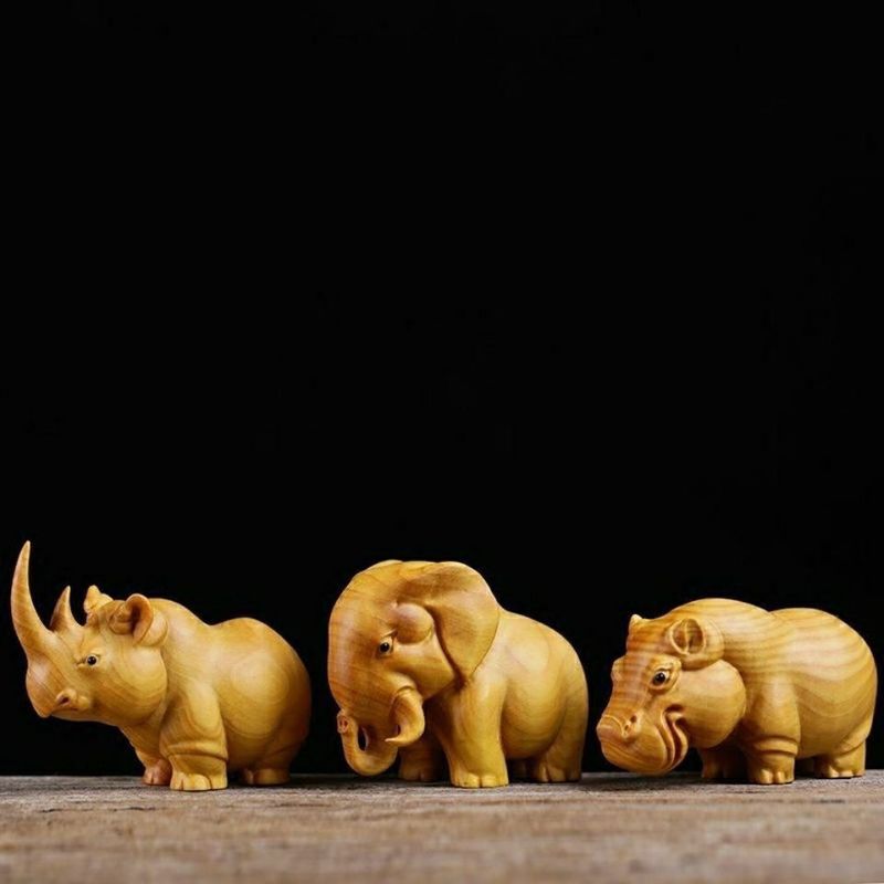 Boxwood Three Treasures Rhino Hippo Elephant Handheld Piece Handmade Carving Home Desk Ornament_voghion.com