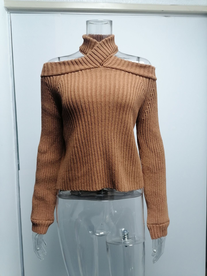 Vrouwen forens OL grote maat sexy off-the-shoulder effen kleur slim-fit gebreide trui vrouwelijk_voghion.com
