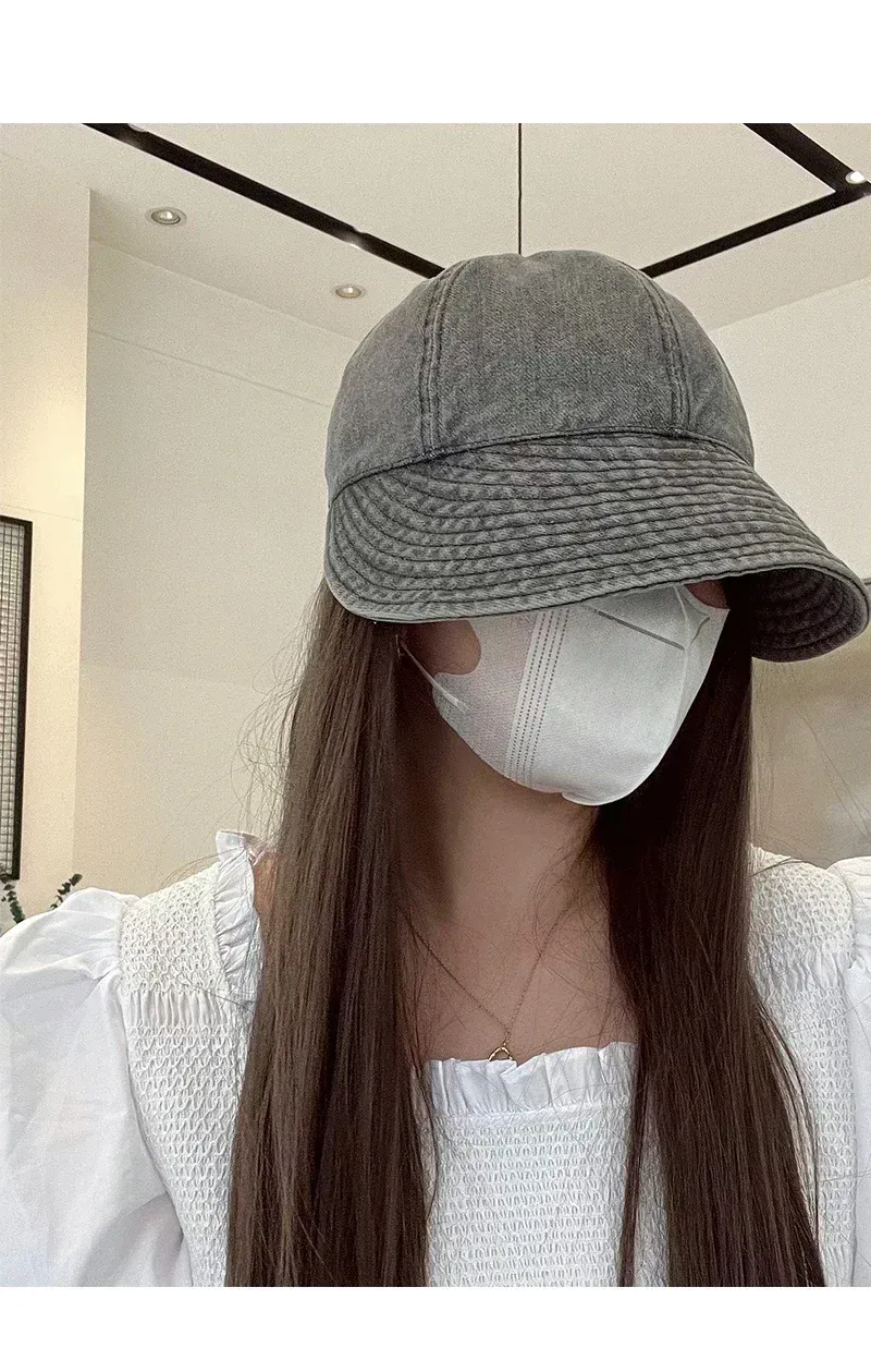 Vendita calda retrò coreano estivo berretto con visiera moda denim visiera cappello a becco d'anatra regolabile con coulisse tesa larga blu per le donne_voghion.com