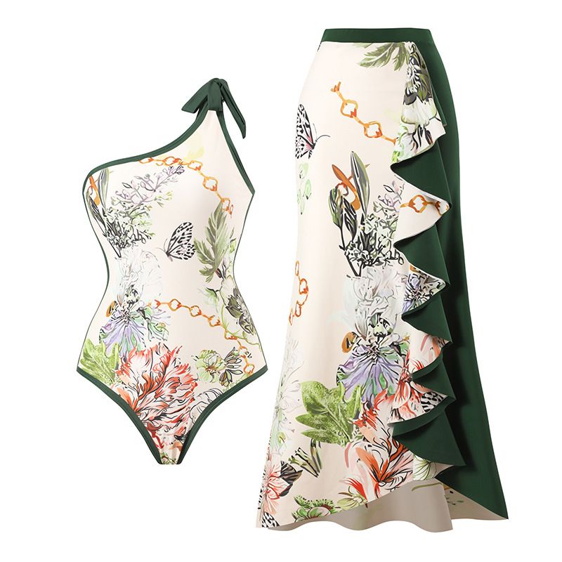Langqi 2023 New Women's Light Elegant Print Panel Contrast Beach Sunscreen Skirt One Shoulder Two Piece Swimwear_voghion.com