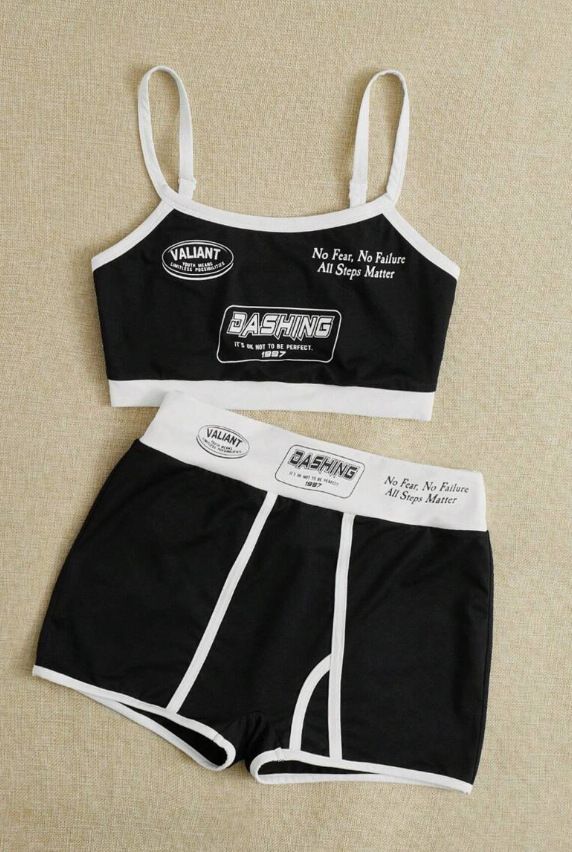 Tuta sportiva estiva con gilet, stile popolare, in tinta unita, con stampa di lettere, da donna_voghion.com
