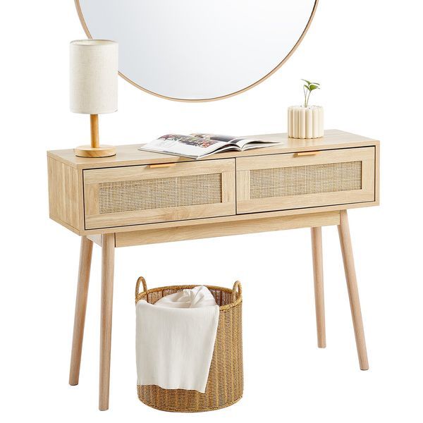 Rattan Console Table With 2 Storage Drawers Rattan Sliding Door Natural_voghion.com