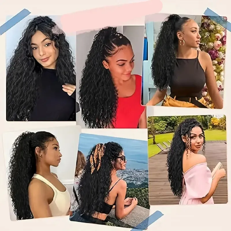 Braziliaanse Remy Human Hair Water Wave Ponytail Extensions Natuurlijk Haarstuk voor Vrouwen_voghion.com