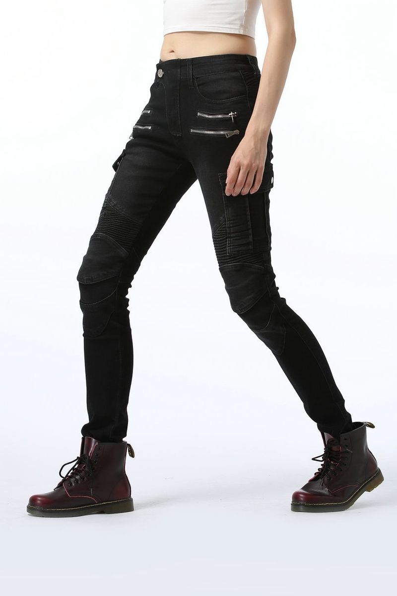 Jeans elasticizzati da motociclista da donna - Pantaloni da motociclista per tutte le stagioni con protezione per le ginocchia, denim ad alta elasticità per la guida fuoristrada e in città (nero/blu/verde)_voghion.com