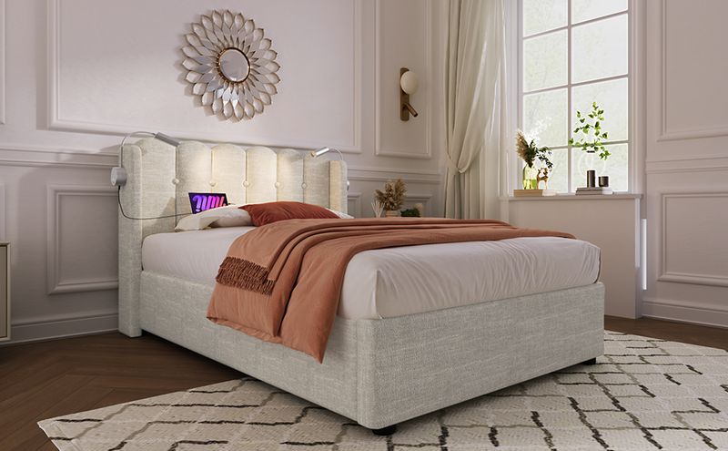 Cadre de lit simple rembourré avec liseuse, fonction de charge, rangement pour la tête de lit, lit enfant en lin 90 x 200 cm avec sommier à lattes (matelas non inclus, coloris naturel)_voghion.com