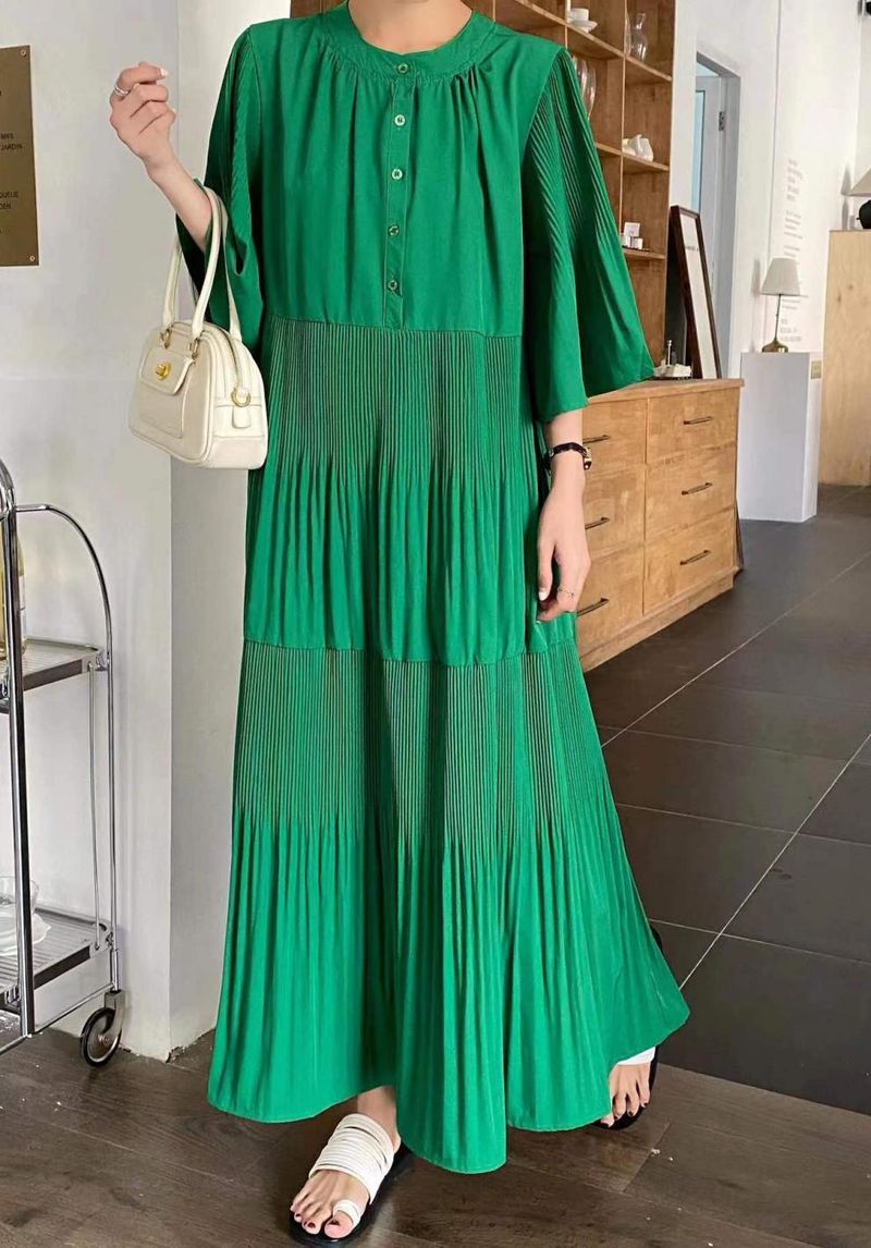 Plus Size Dress – Flowy Pleated Midi Dress With Flared Sleeves (7 Colors) | One Size Fits 8-16_voghion.com
