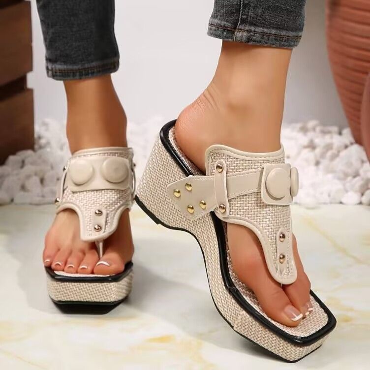 Women's Shoes Bohemian Style Wedge Heel Thick Sole, Sandals, Rivets, Elegant, Party, Simple, Solid Color, Summer_voghion.com
