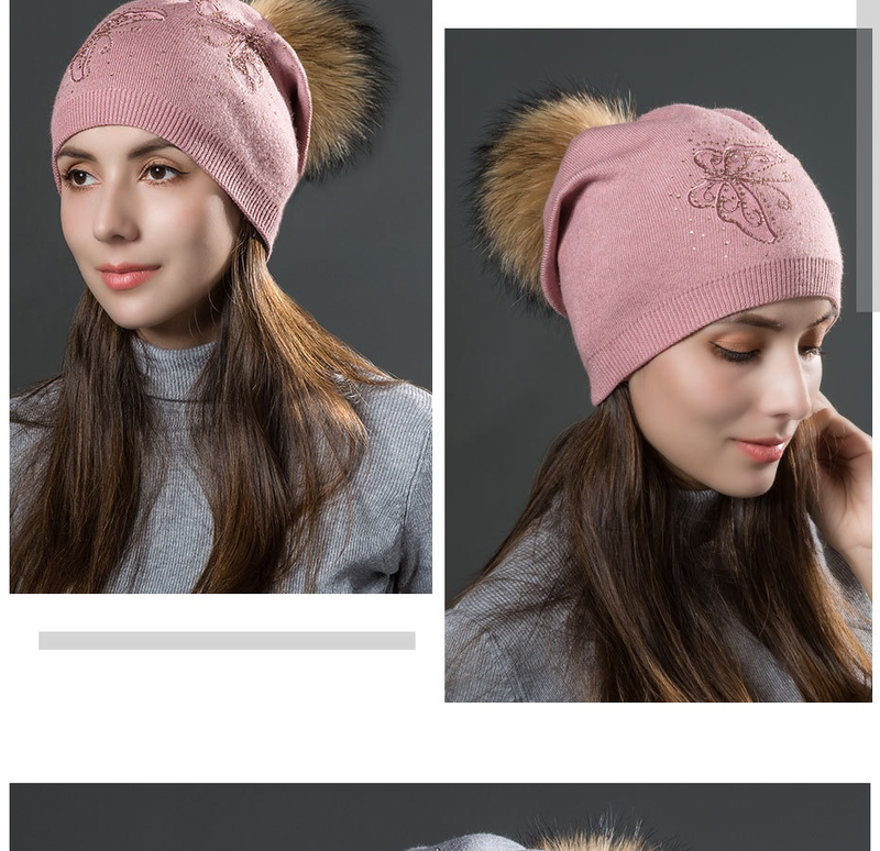 Women's Winter Fur Raccoon Ball Warm Hot Diamond Hollow Butterfly Knitted Versatile Fashion Pullover Hat_voghion.com
