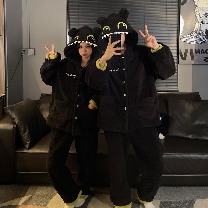 Toothless Couple Little Monster Long Winter Pajamas Cute Cartoon Plus Plush Thick Home Clothes Women's Set_voghion.com